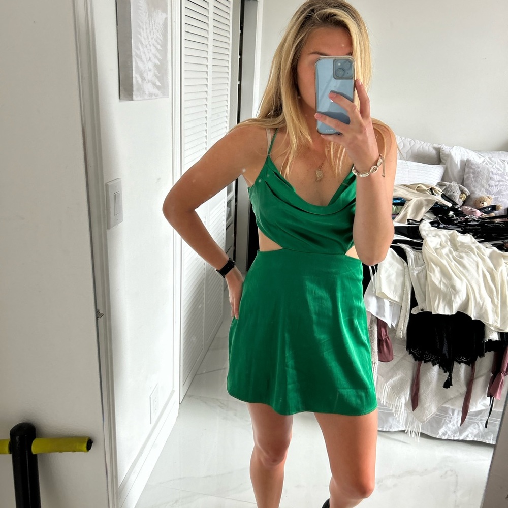 SHEIN strappy back green cut out silk dress